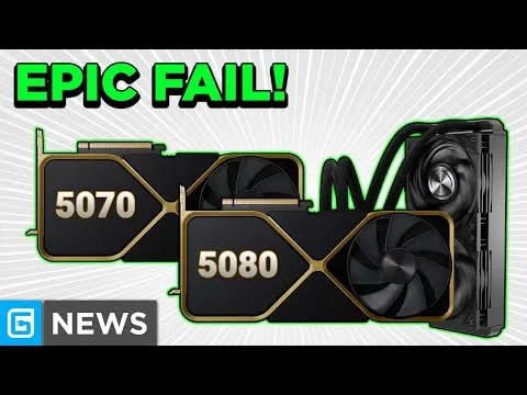progressive Robot EPIC FAIL! graphic showing NVIDIA-style GPUs labeled 5070 and 5080 with a cooling radiator and NEWS badge
