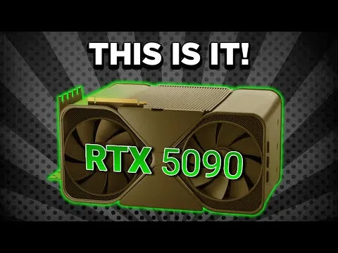 Progressive Robot graphic showing a gold dual-fan GPU with text “THIS IS IT!” and “RTX 5090” on a dark patterned background