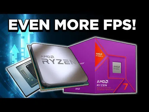 progressive Robot AMD Ryzen CPU chip with “EVEN MORE FPS!” text and a Ryzen 7 box on a blue tech background