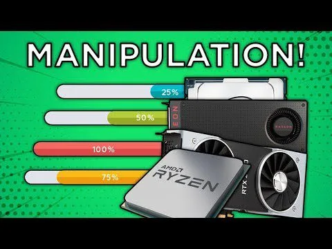 progressive Robot graphic showing “MANIPULATION!” with percent bars and stacked computer hardware like GPU and AMD Ryzen CPU
