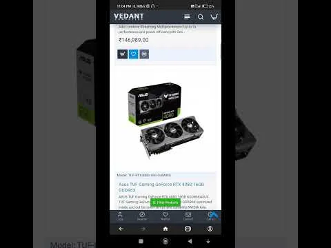 progressive Robot smartphone screen showing Vedant store page for ASUS TUF Gaming GeForce RTX 4090 graphics card and price