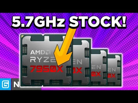 Progressive Robot, Ryzen 7950X CPU graphic with arrow and bold text 5.7GHz STOCK! on purple burst background
