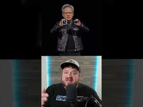 progressive Robot split-screen of two men presenting, top on dark stage in leather jacket and bottom speaking into a microphone in studio