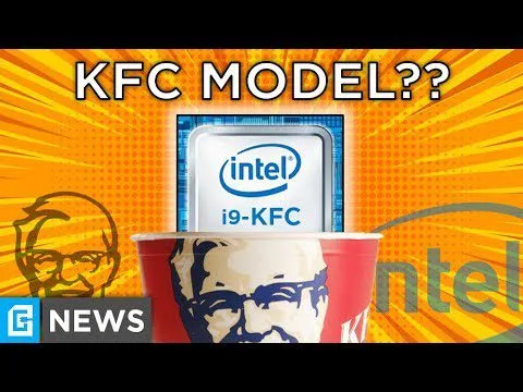 Progressive Robot, thumbnail with text “KFC MODEL??” showing an Intel “i9-KFC” chip above a KFC bucket on an orange background