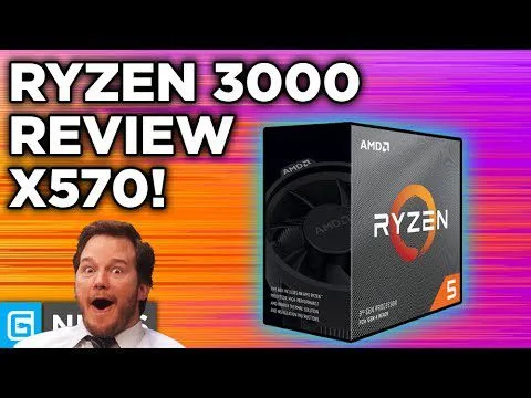 progressive Robot thumbnail with Ryzen 3000 Review X570! text, a surprised man, and an AMD Ryzen processor box on a gradient background