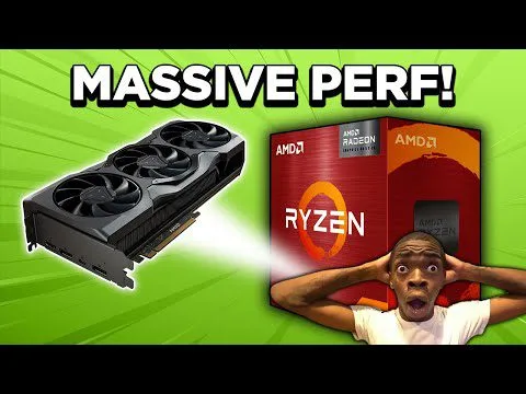 progressive Robot, green graphic with AMD Ryzen boxes, a large GPU, and “MASSIVE PERF!” text with shocked man holding his head