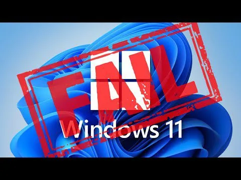 progressive Robot, Windows 11 blue swirl wallpaper with a large red “FAIL” stamp across the screen