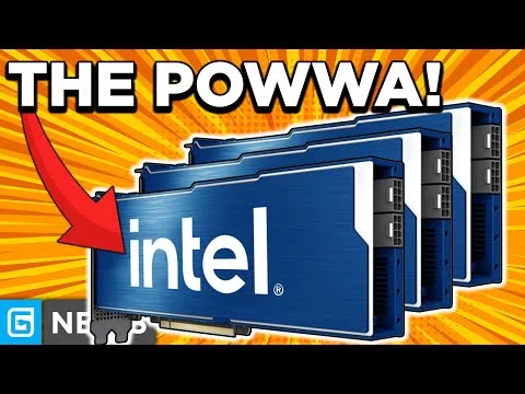 Progressive Robot pointing to Intel logo on stacked blue computer chips with bold text THE POWWA! on orange burst background
