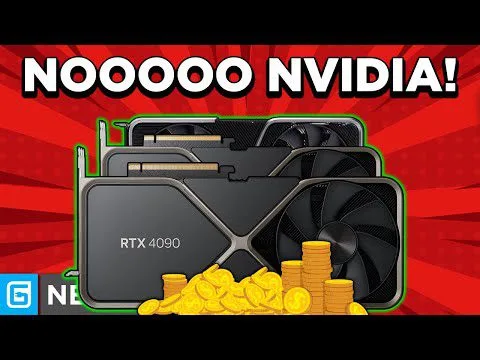 progressive Robot, stacked RTX 4090 graphics cards with gold coins and the headline "NOOOOO NVIDIA!"