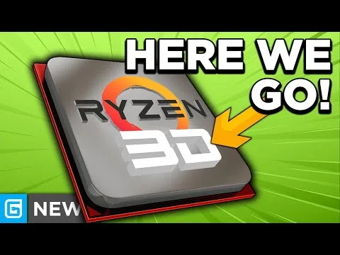 progressive Robot, Ryzen 3D CPU graphic with arrow and the text HERE WE GO! on a green background