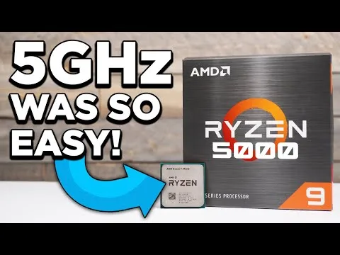 progressive Robot thumbnail showing text 5GHz WAS SO EASY!, blue arrow, and AMD Ryzen 5000 Series Processor box with chip icon