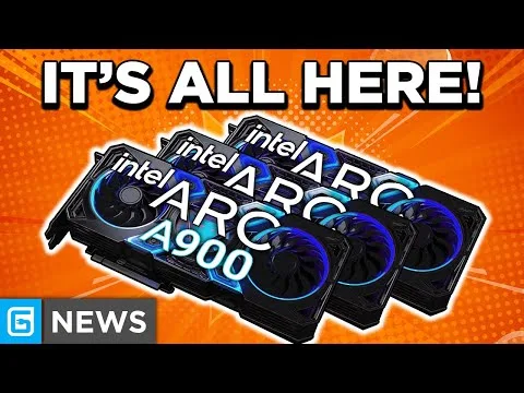 progressive Robot promotional graphic with text “IT’S ALL HERE!” and Intel Arc A900 GPUs over an orange background and “NEWS” label