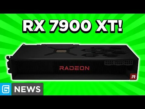 progressive Robot graphic showing Radeon RX 7900 XT with bold RX 7900 XT! text on a green background and G NEWS logo