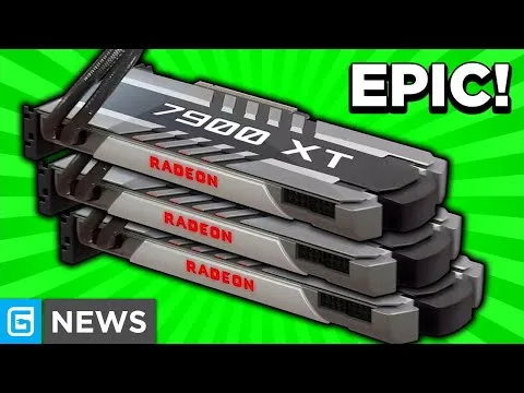 progressive Robot stacked Radeon 7900 XT graphics cards on a green background with “EPIC!” and “G NEWS” text