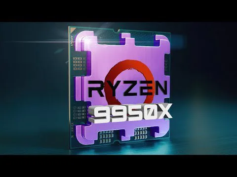 progressive Robot, AMD Ryzen 9950X processor chip graphic with glowing purple casing on a dark background