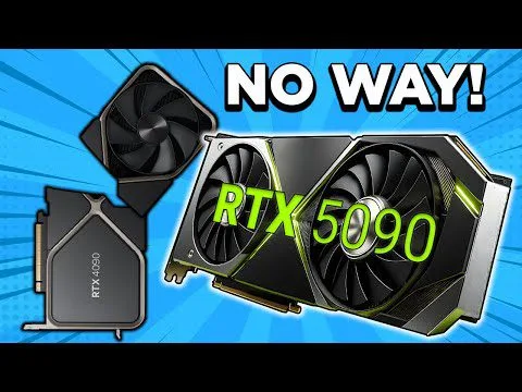 progressive Robot thumbnail with RTX 5090 graphics card and fan, plus “NO WAY!” text on a blue comic-style background