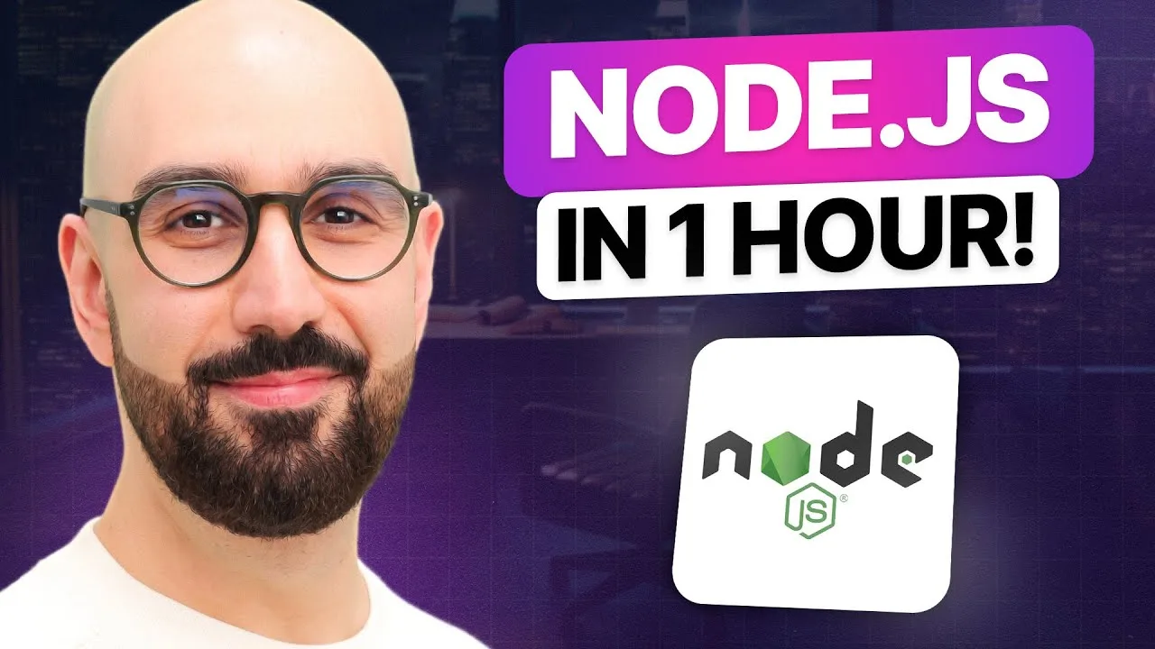progressive Robot bald man with glasses next to text "NODE.JS IN 1 HOUR!" and the Node.js logo