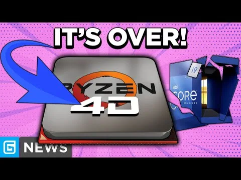 Progressive Robot graphic with “IT’S OVER!” above an AMD Ryzen chip labeled “4D” and an Intel Core box beside it.