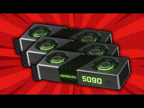 Progressive Robot, stacked graphics cards with green-lit fans and “5090” display on a red burst background