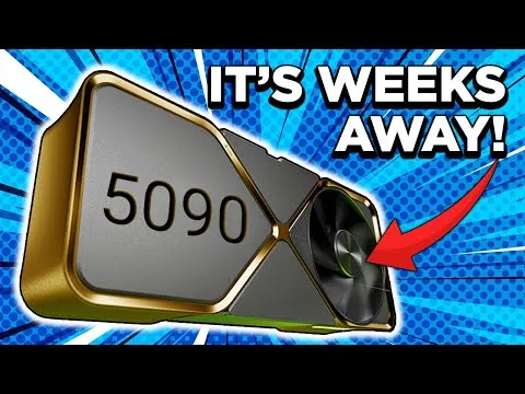 progressive Robot, stylized GPU labeled 5090 with a fan and red arrow, with text “IT’S WEEKS AWAY!”