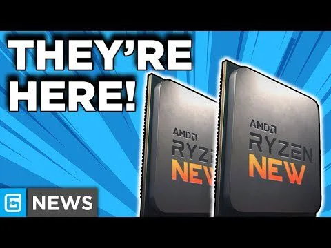 progressive Robot thumbnail with text “THEY’RE HERE!” and two AMD Ryzen “NEW” processor chips on a blue background