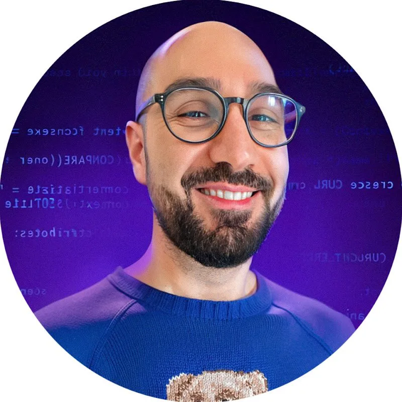 progressive Robot smiling bald man with glasses and short beard against a purple background with faint code text