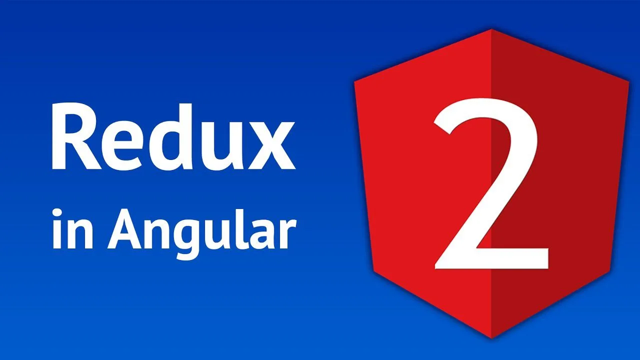 progressive Robot graphic with text "Redux in Angular" and a red Angular shield with a large number 2