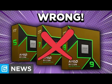 progressive Robot, graphic with “WRONG!” above AMD Ryzen processor boxes crossed out with a red X, and “NEWS” badge in corner