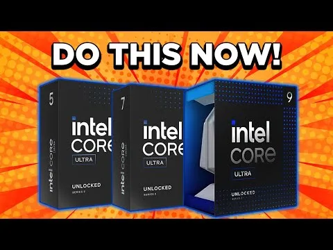 Progressive Robot DO THIS NOW! with three Intel Core Ultra processor boxes on an orange burst background.