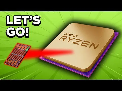 Progressive Robot: AMD Ryzen CPU chip with red laser beam hitting a smaller circuit board, and text “LET’S GO!” on green background