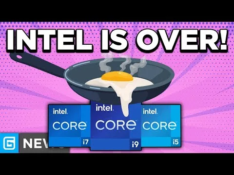 Progressive Robot graphic with “INTEL IS OVER!” above a frying pan and an egg over Intel Core i7, i9, and i5 boxes.