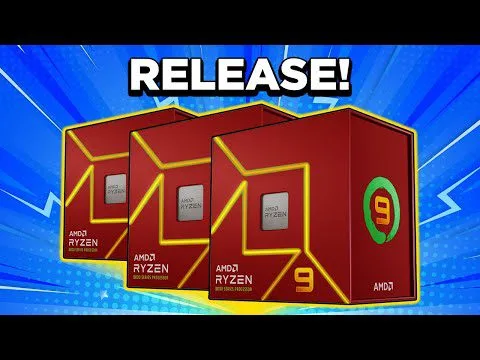 Progressive Robot graphic with three AMD Ryzen 9 CPU boxes and the word "RELEASE!" above them on a blue background