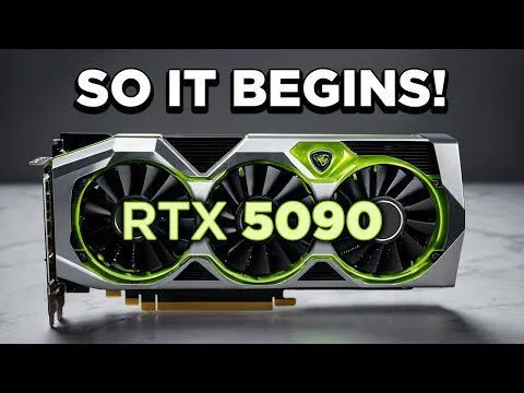 Progressive Robot, graphics card with three fans labeled RTX 5090 and text above reading SO IT BEGINS!