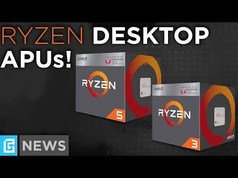 Progressive Robot banner reading RYZEN DESKTOP APUs! with AMD Ryzen processor box images and G NEWS logo