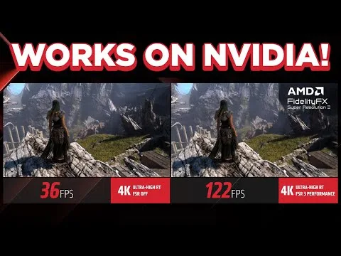 progressive Robot split-screen game performance comparison showing 36 FPS vs 122 FPS at 4K, with text “WORKS ON NVIDIA!” and AMD FidelityFX logo