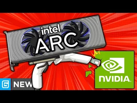 progressive Robot holding an Intel Arc graphics card like a gun, aimed at an Nvidia logo on a red burst background.