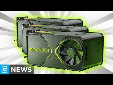 Progressive Robot, illustrated stack of three RTX 5090 graphics cards with green glow and “NEWS” label in corner