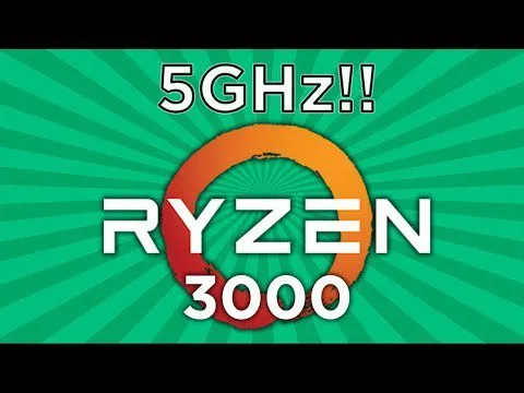 progressive Robot graphic with Ryzen 3000 logo and text 5GHz!! on a green radial burst background