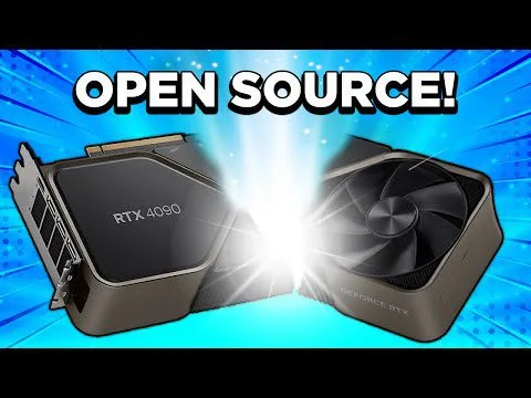 Progressive Robot graphic of an RTX 4090 GPU split in two with bright light burst and the text OPEN SOURCE!