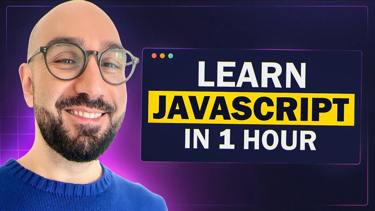progressive Robot smiling man in glasses beside text: LEARN JAVASCRIPT IN 1 HOUR