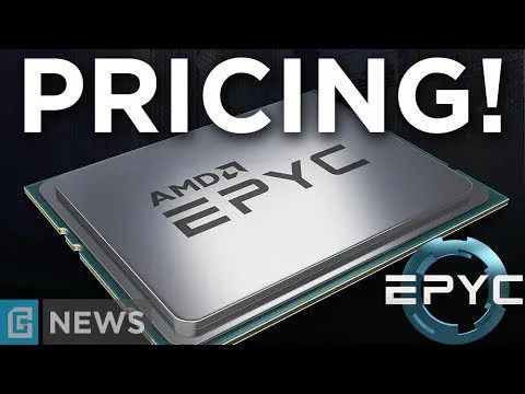 Progressive Robot, AMD EPYC processor graphic with large text PRICING! and EPYC logo on dark background