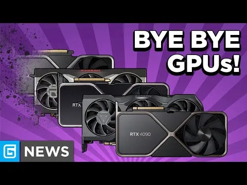 progressive Robot illustration of three RTX graphics cards with bold text “BYE BYE GPUs!” on a purple background and G NEWS logo