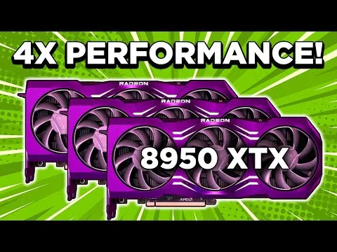 progressive Robot graphic showing stacked purple Radeon GPUs with text 4X PERFORMANCE! and 8950 XTX on a green burst background