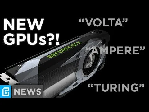 progressive Robot graphic card with text "NEW GPUs?!" and labels "VOLTA," "AMPERE," and "TURING" on a dark background