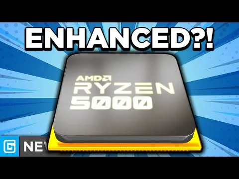 progressive Robot, AMD Ryzen 5000 chip with large text “ENHANCED?!” above on a blue burst background