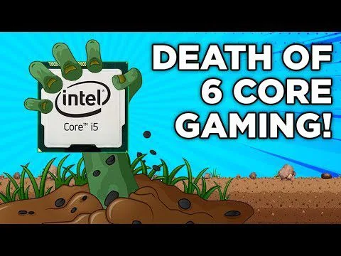 Progressive Robot zombie hand holding an Intel Core i5 chip rising from the ground with text “DEATH OF 6 CORE GAMING!”