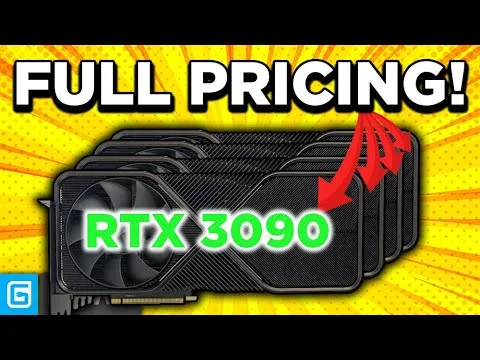 Progressive Robot graphic card stack labeled RTX 3090 with red arrow and text “FULL PRICING!” on yellow burst background