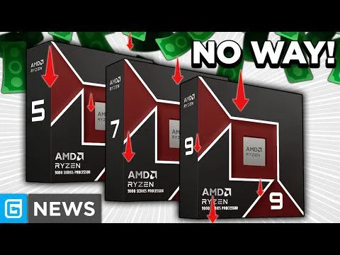 progressive Robot graphic showing AMD Ryzen 5000 series boxes with red arrows, dollar bills, and text "NO WAY!" and "NEWS"