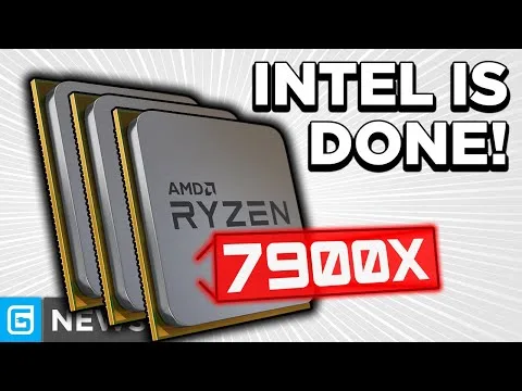 Progressive Robot graphic with AMD Ryzen 7900X chip and bold text reading INTEL IS DONE!