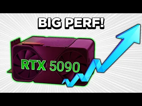progressive Robot, RTX 5090 graphics card with text “BIG PERF!” and an upward blue arrow showing performance increase